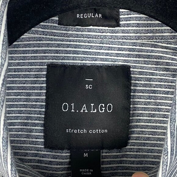 01.Algo Mens Medium Regular Fit Button Up Shirt Gray Stripe Cotton Stretch - Picture 4 of 9